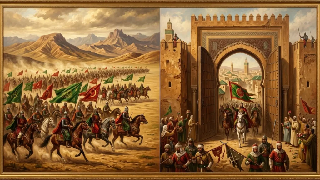 صورة ملحمية تظهر معركة في سهل تادلا ودخول فاس، ترمز لنهاية الدولة الوطاسية وبداية توحيد المغرب تحت الحكم السعدي.