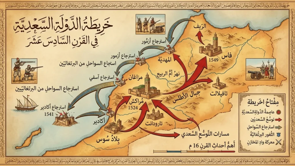 خريطة توضح توحيد المغرب في عهد محمد الشيخ السعدي ومسارات توسع الدولة السعدية من الجنوب نحو فاس والسواحل.