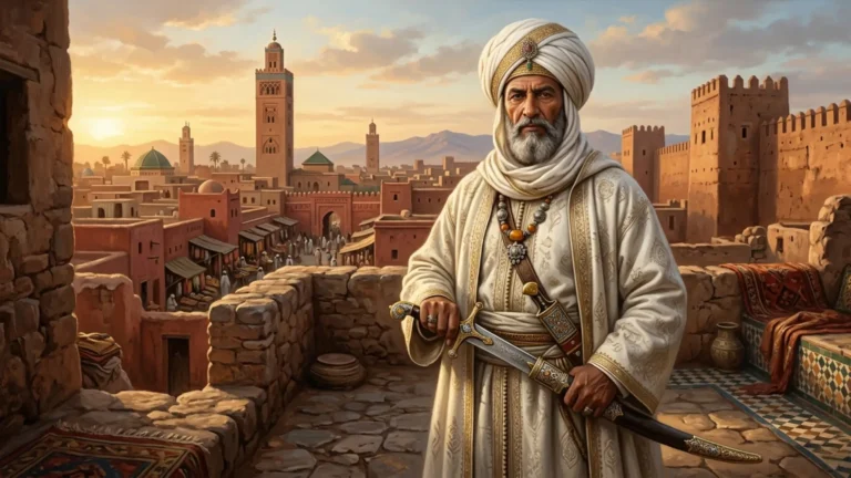 صورة فنية تجسد محمد الشيخ السعدي كقائد موحد للمغرب في القرن 16، يعكس قوة الشخصية وبداية العصر السعدي.
