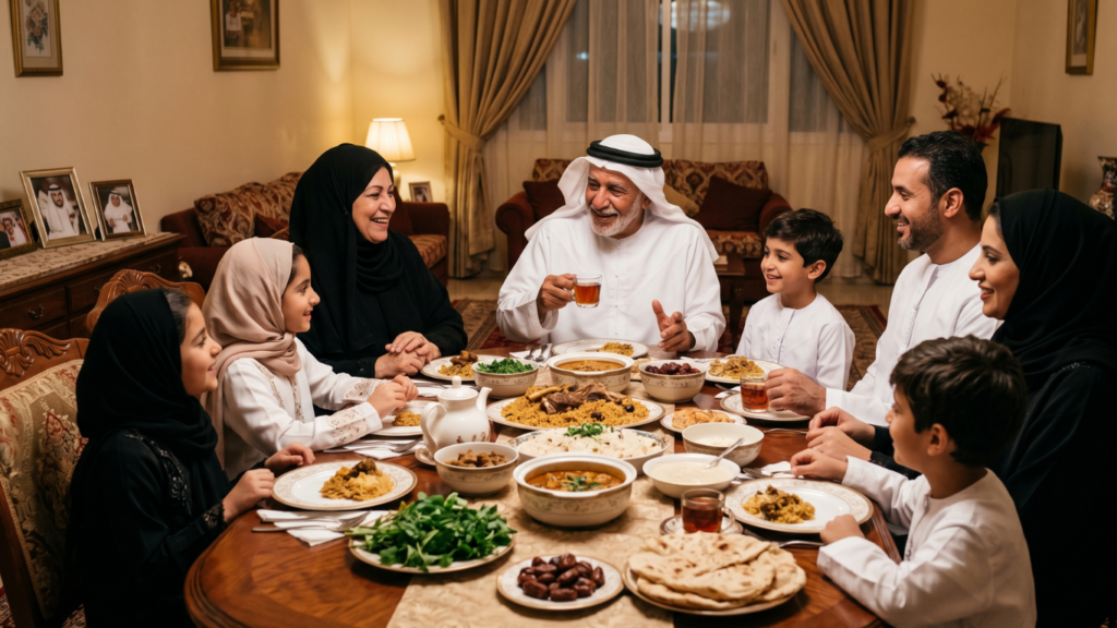 صورة لعائلة عربية تقليدية تجسد قيم الترابط الأسري ونقل الحكمة بين الأجيال في التربية الإسلامية الأصيلة.