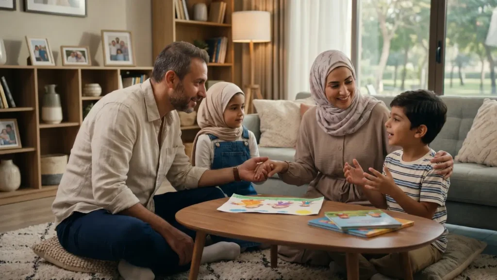 أسرة حديثة تتحاور بفاعلية، تبرز أهمية التواصل والمرونة في تربية الأبناء وبناء شخصياتهم الواثقة.