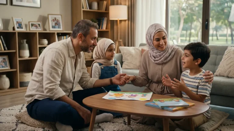 أسرة حديثة تتحاور بفاعلية، تبرز أهمية التواصل والمرونة في تربية الأبناء وبناء شخصياتهم الواثقة.