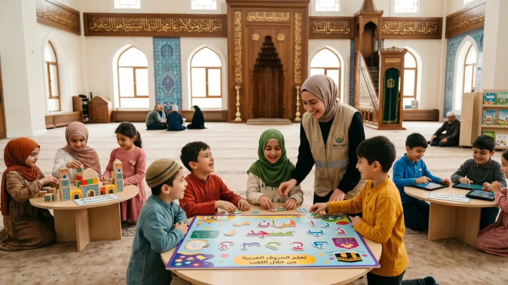 أطفال يتعلمون القيم الإسلامية في بيئة تفاعلية، يجسد دور المؤسسات المجتمعية في تعزيز التربية الدينية.
