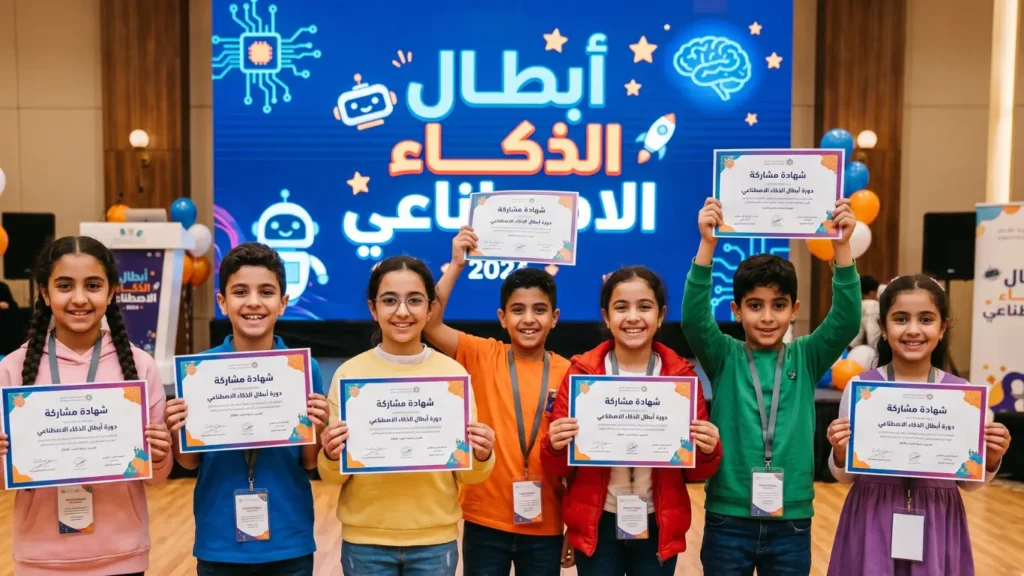  صورة تعبر عن نهاية دورة أبطال الذكاء الاصطناعي وفرحة التلاميذ بالإنجاز.